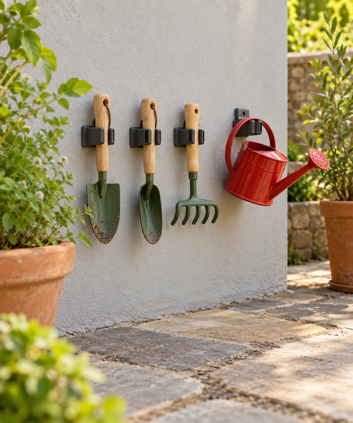 AI-generated editorial image inspired by garden tool organization