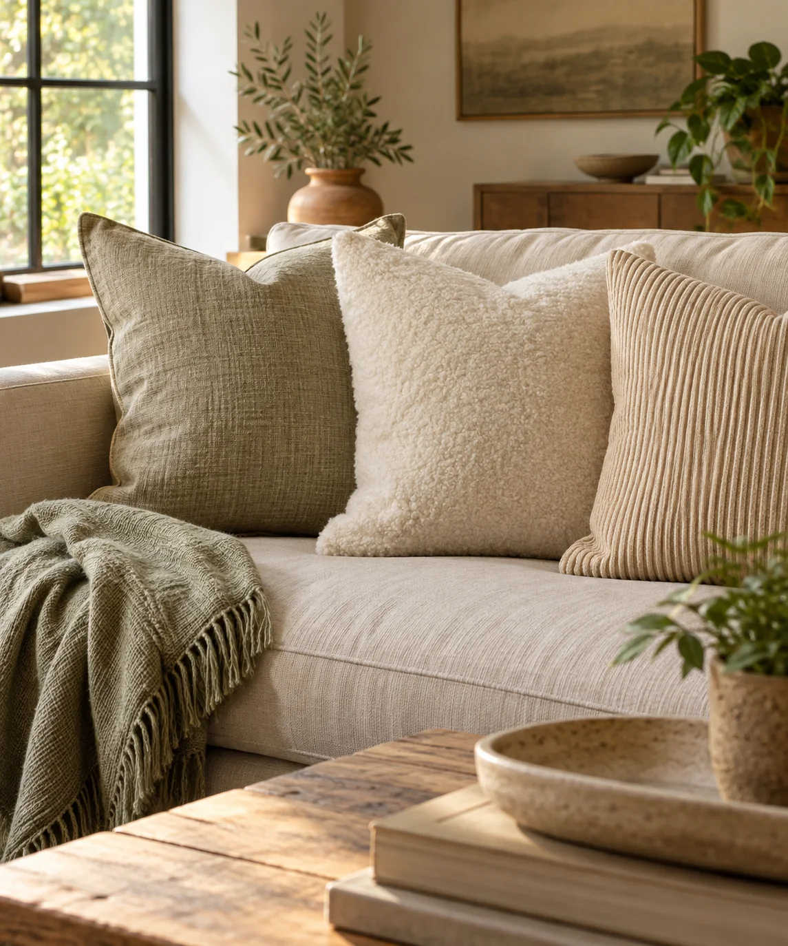 AI-generated editorial image inspired by warm neutral living rooms