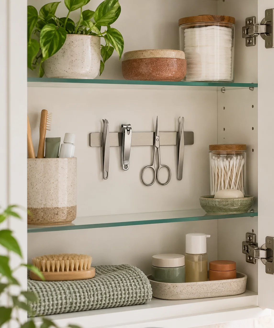 AI-generated editorial image inspired by small bathroom storage