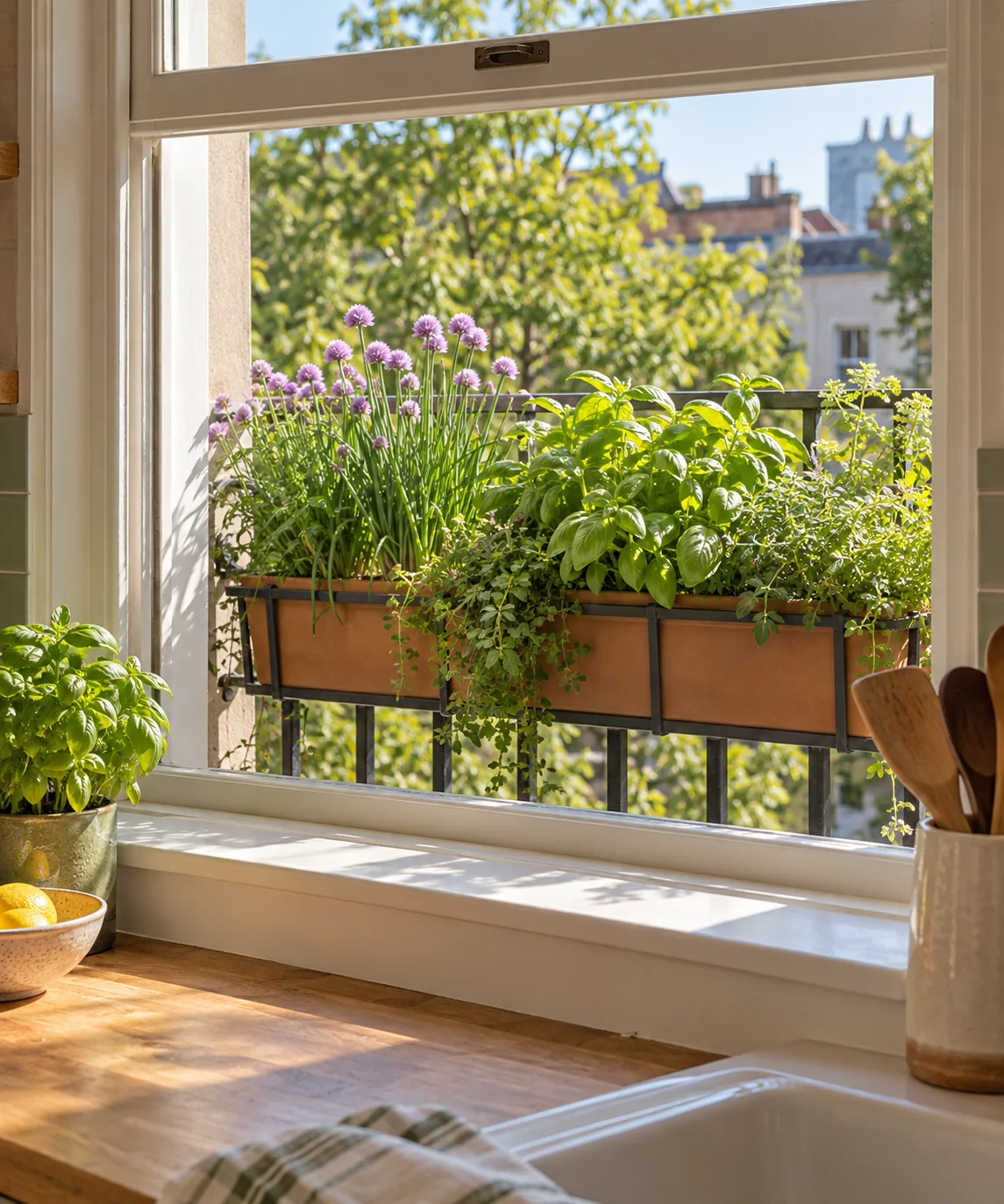 AI-generated editorial image inspired by kitchen herb gardens