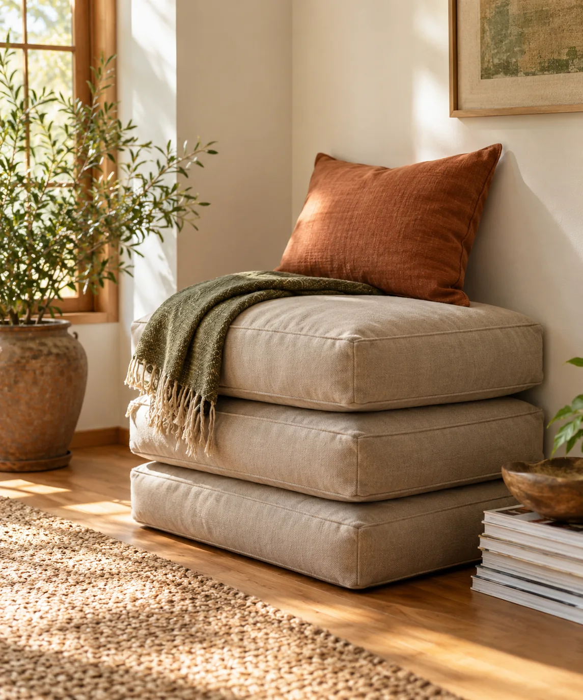 AI-generated editorial image inspired by warm neutral living rooms
