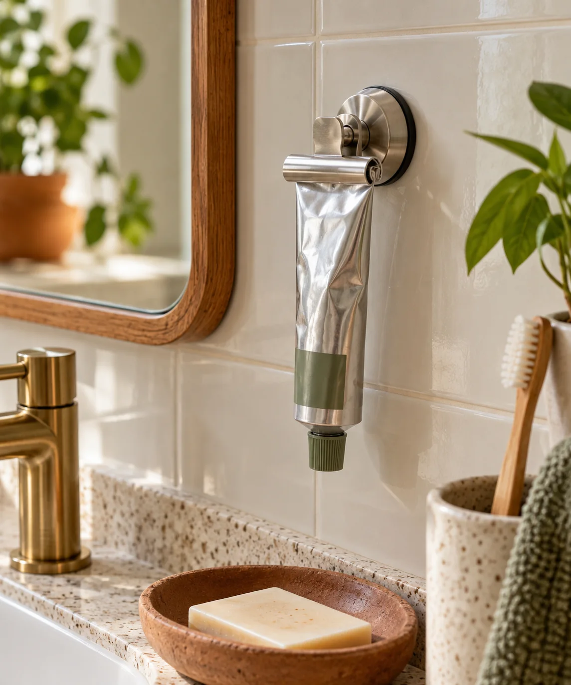 AI-generated editorial image inspired by small bathroom storage