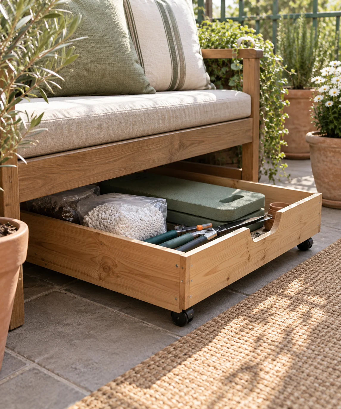 AI-generated editorial image inspired by garden tool organization