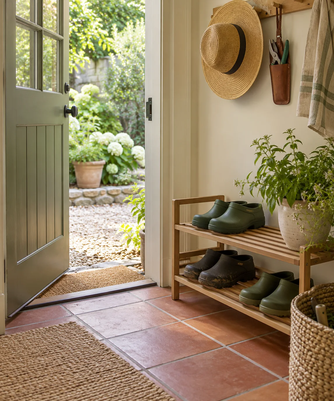 AI-generated editorial image inspired by entryway organization