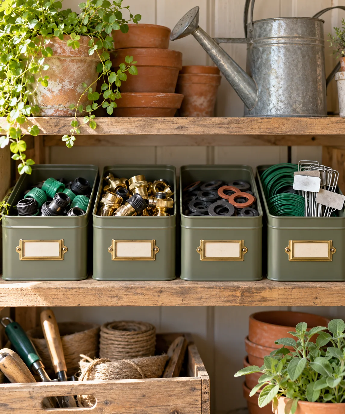 AI-generated editorial image inspired by garden tool organization