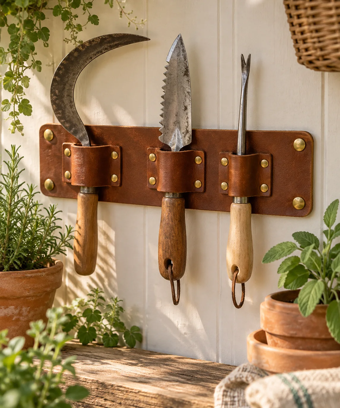 AI-generated editorial image inspired by garden tool organization