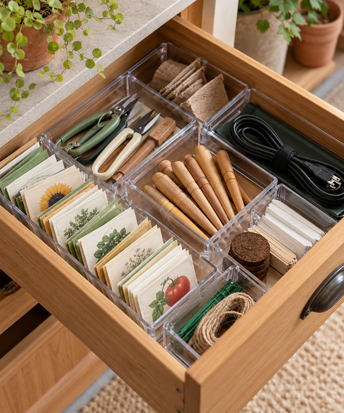 AI-generated editorial image inspired by garden tool organization