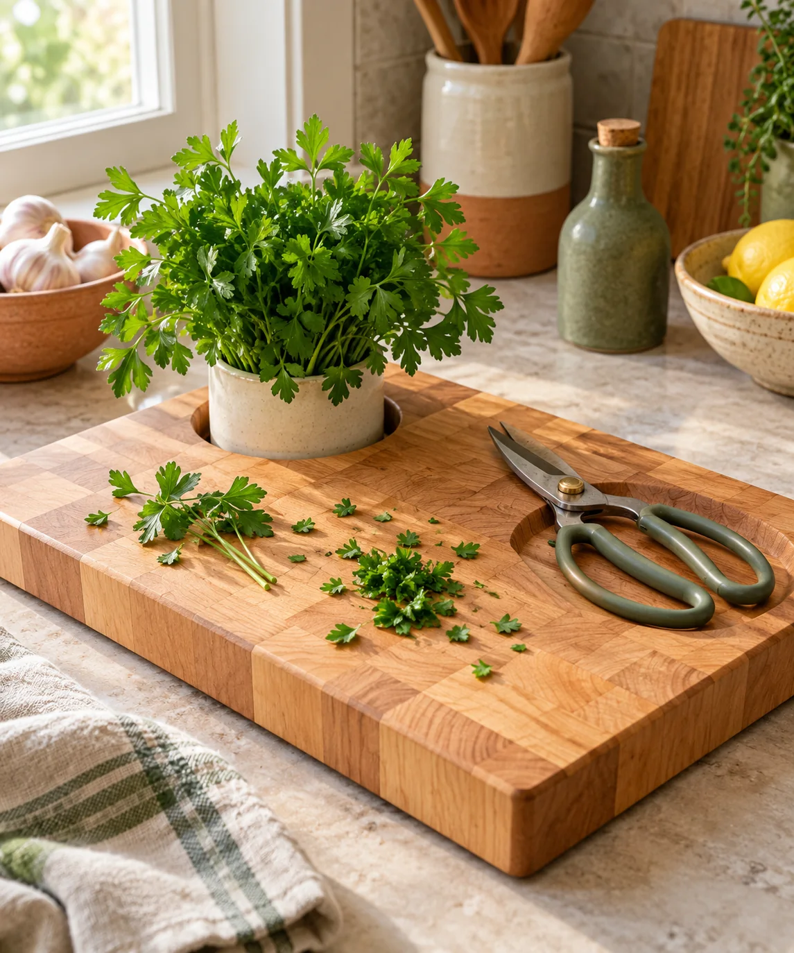 AI-generated editorial image inspired by kitchen herb gardens