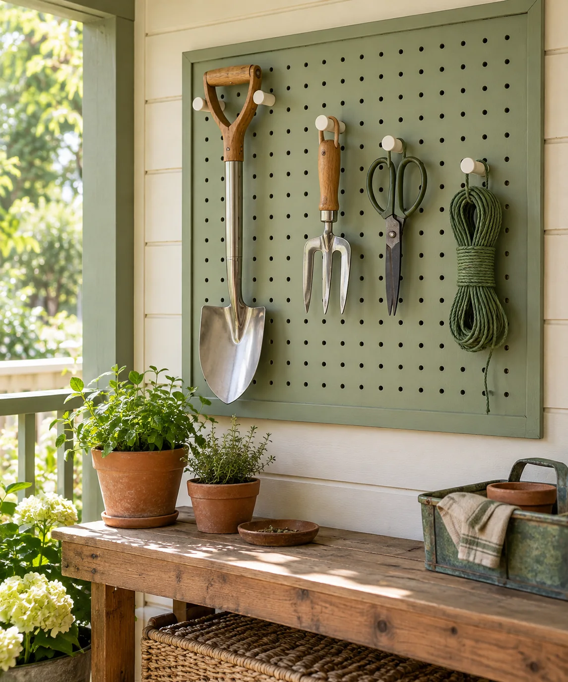 AI-generated editorial image inspired by garden tool organization