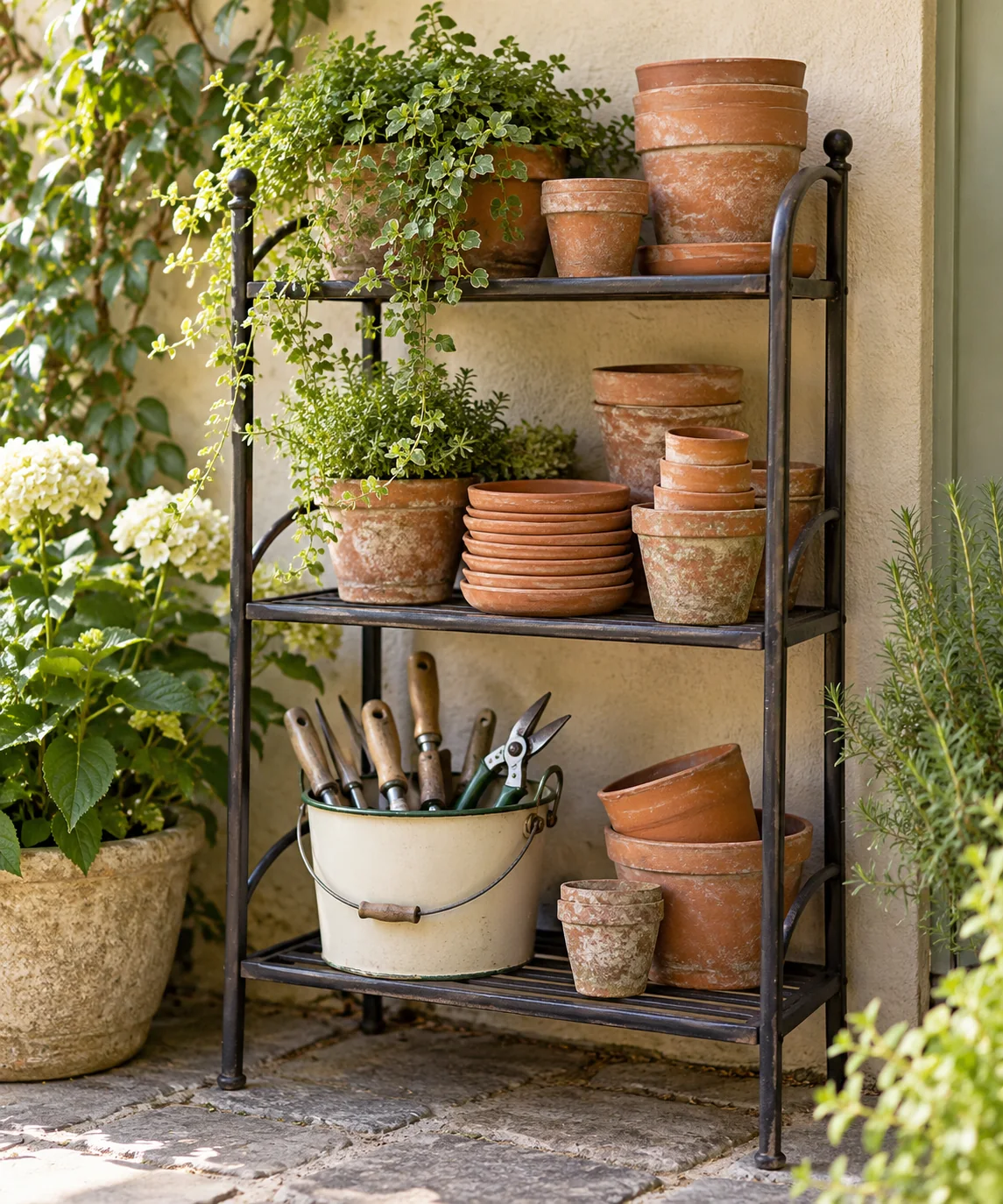 AI-generated editorial image inspired by garden tool organization