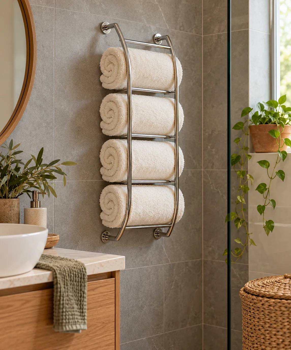 AI-generated editorial image inspired by small bathroom storage