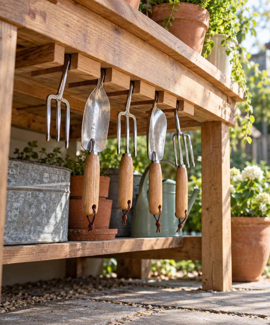AI-generated editorial image inspired by garden tool organization