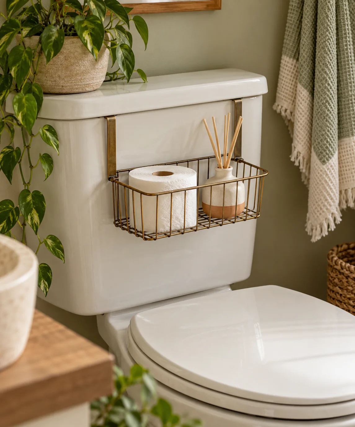 AI-generated editorial image inspired by small bathroom storage