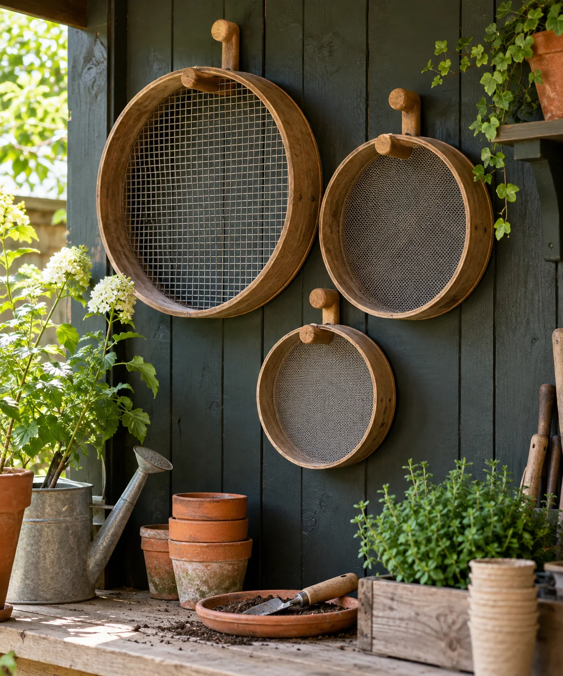 AI-generated editorial image inspired by garden tool organization