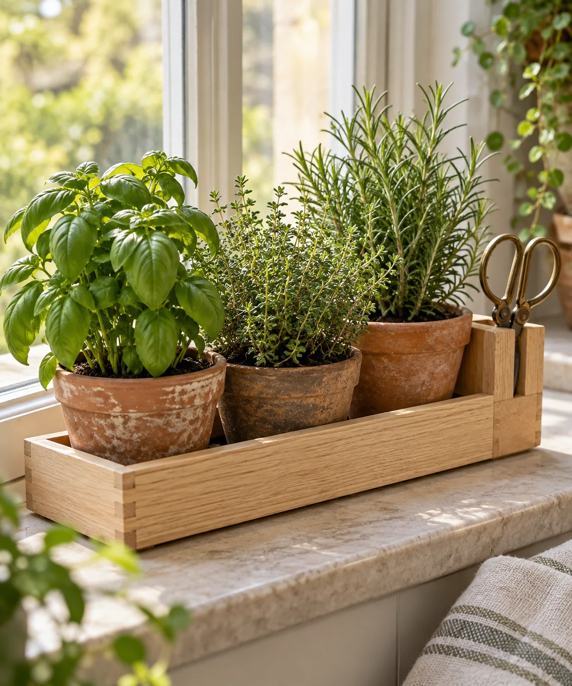 AI-generated editorial image inspired by kitchen herb gardens