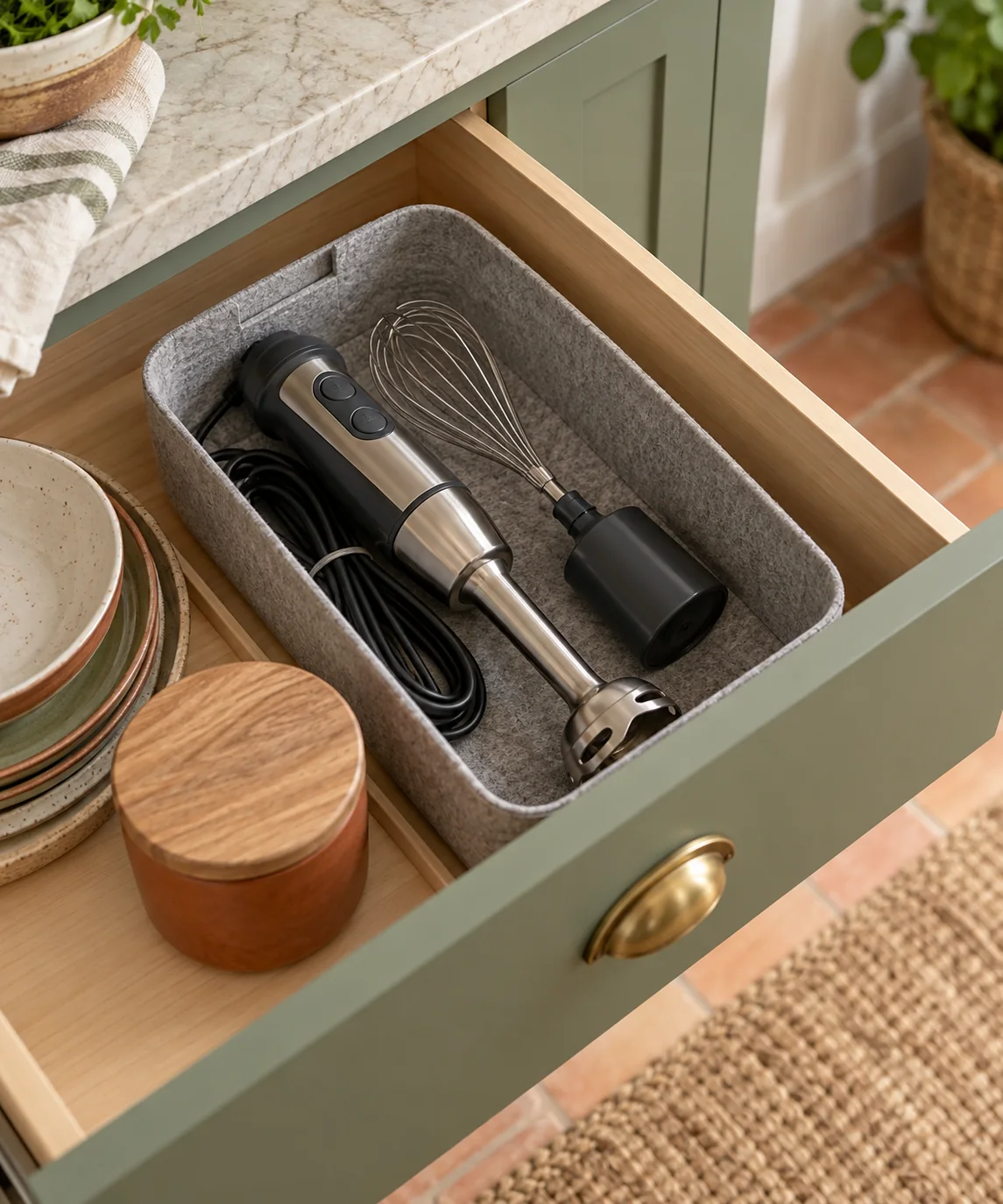 AI-generated editorial image inspired by small kitchen organization