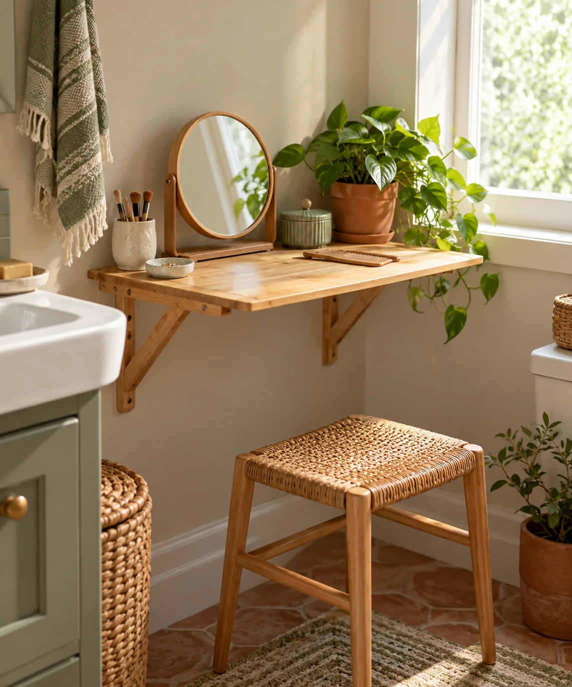 AI-generated editorial image inspired by small bathroom storage