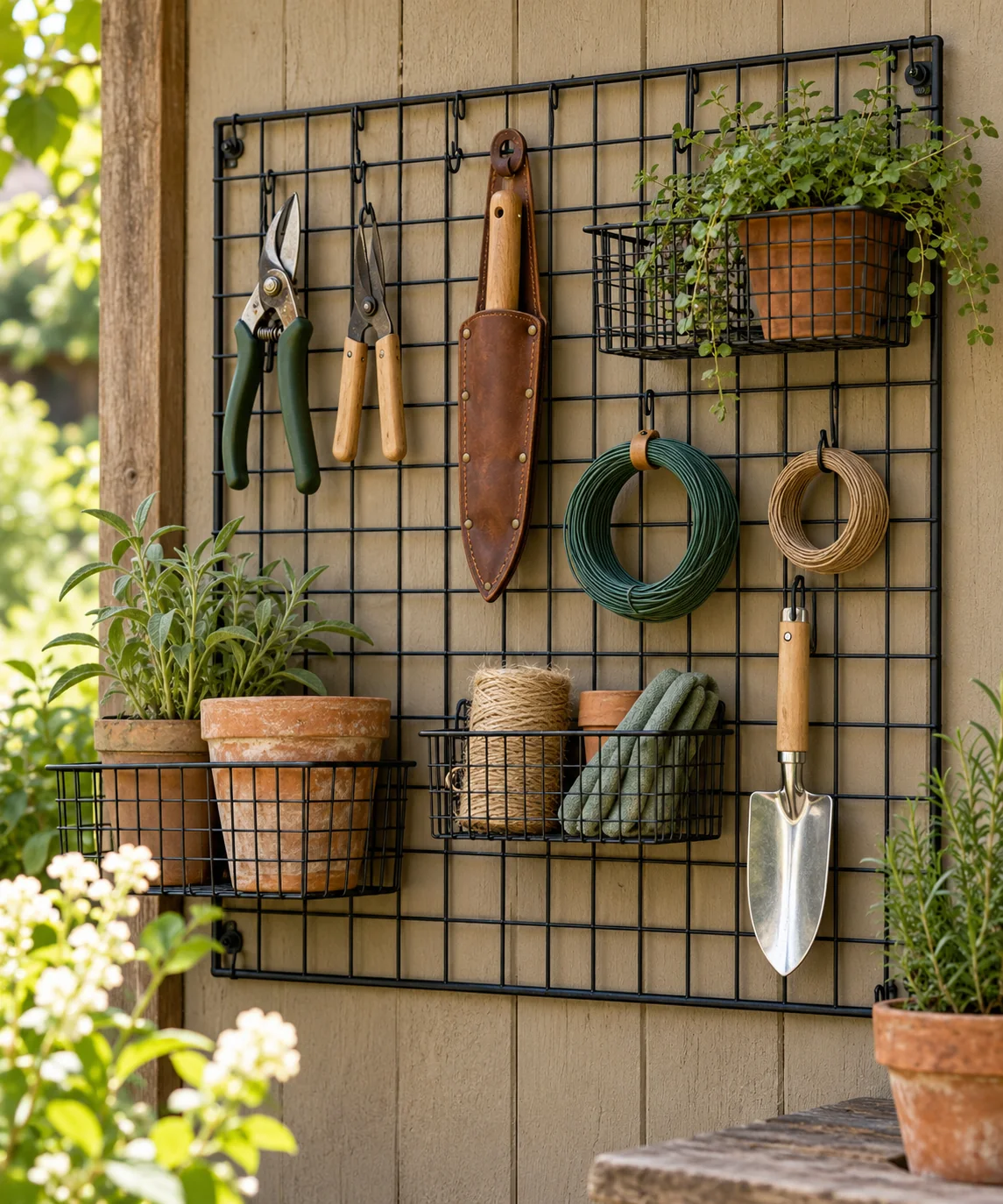 AI-generated editorial image inspired by garden tool organization