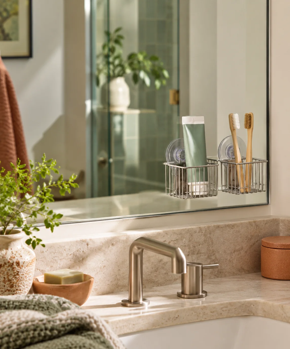 AI-generated editorial image inspired by small bathroom storage