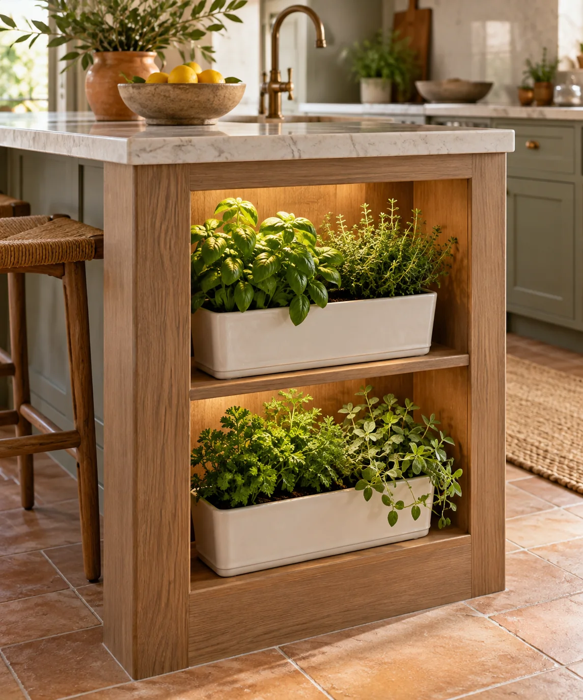 AI-generated editorial image inspired by kitchen herb gardens