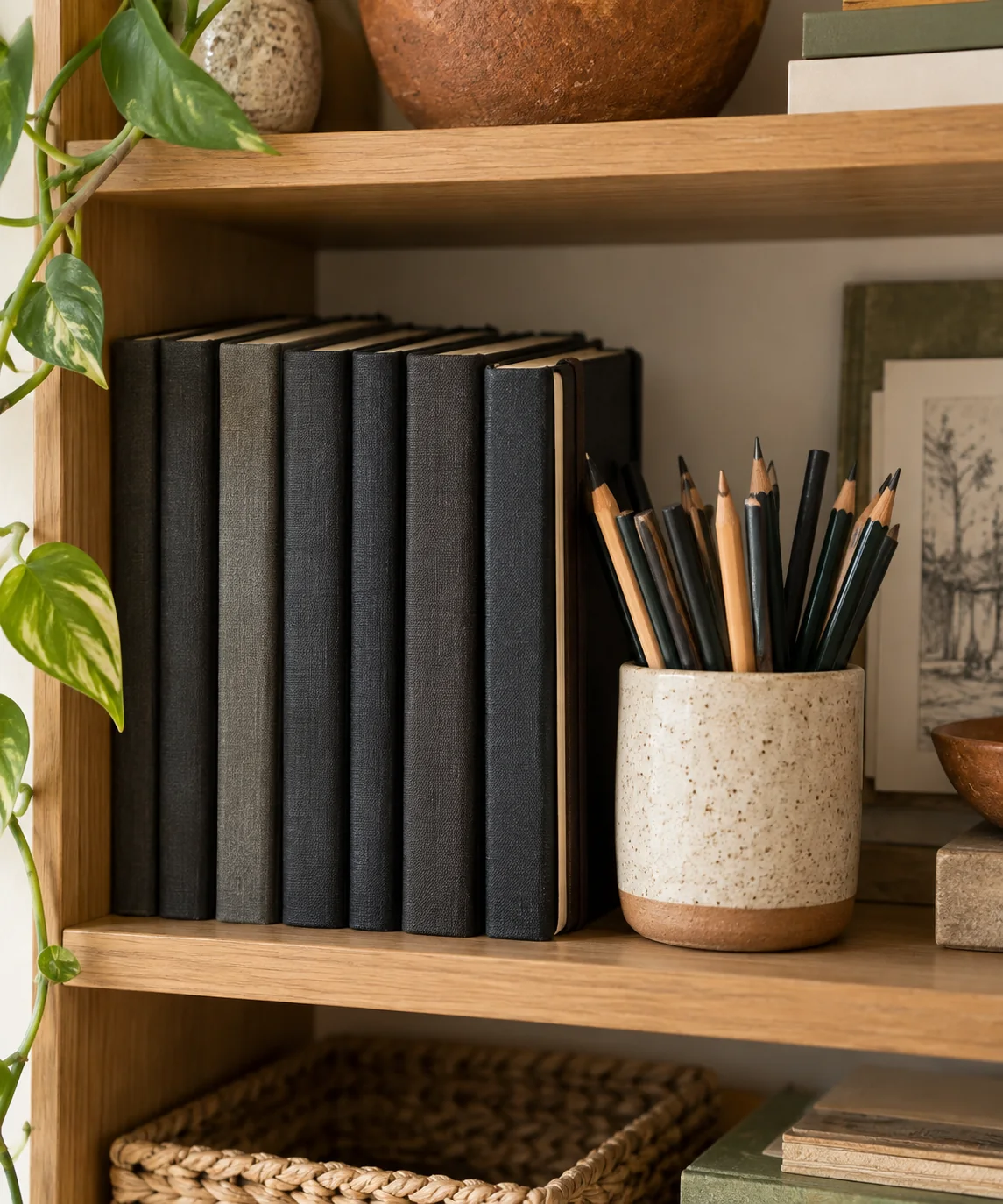 AI-generated editorial image inspired by bookshelf styling