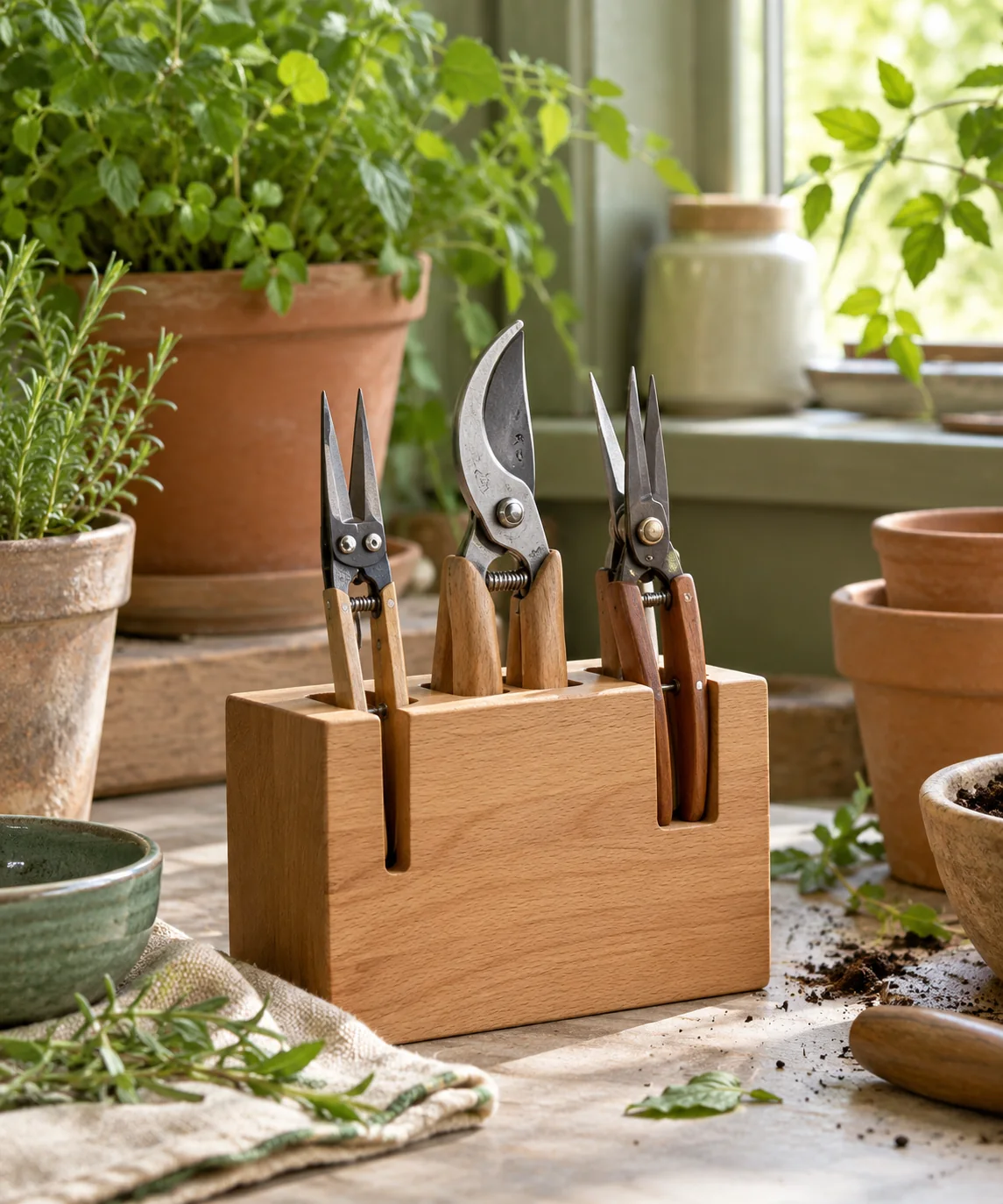 AI-generated editorial image inspired by garden tool organization