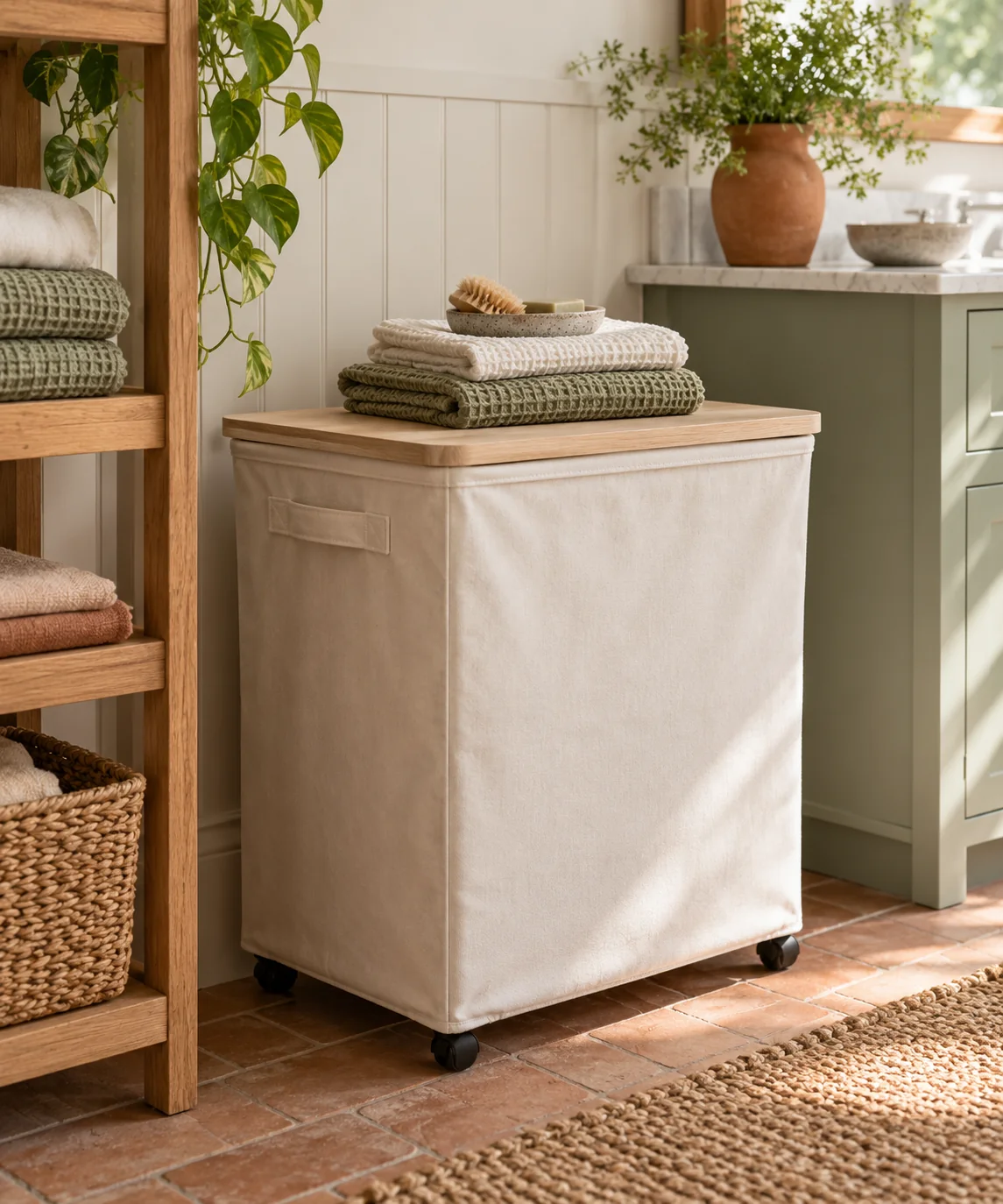 AI-generated editorial image inspired by small bathroom storage