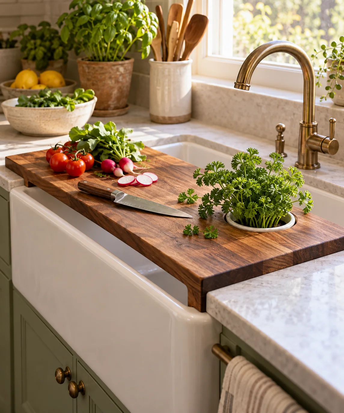 AI-generated editorial image inspired by kitchen herb gardens