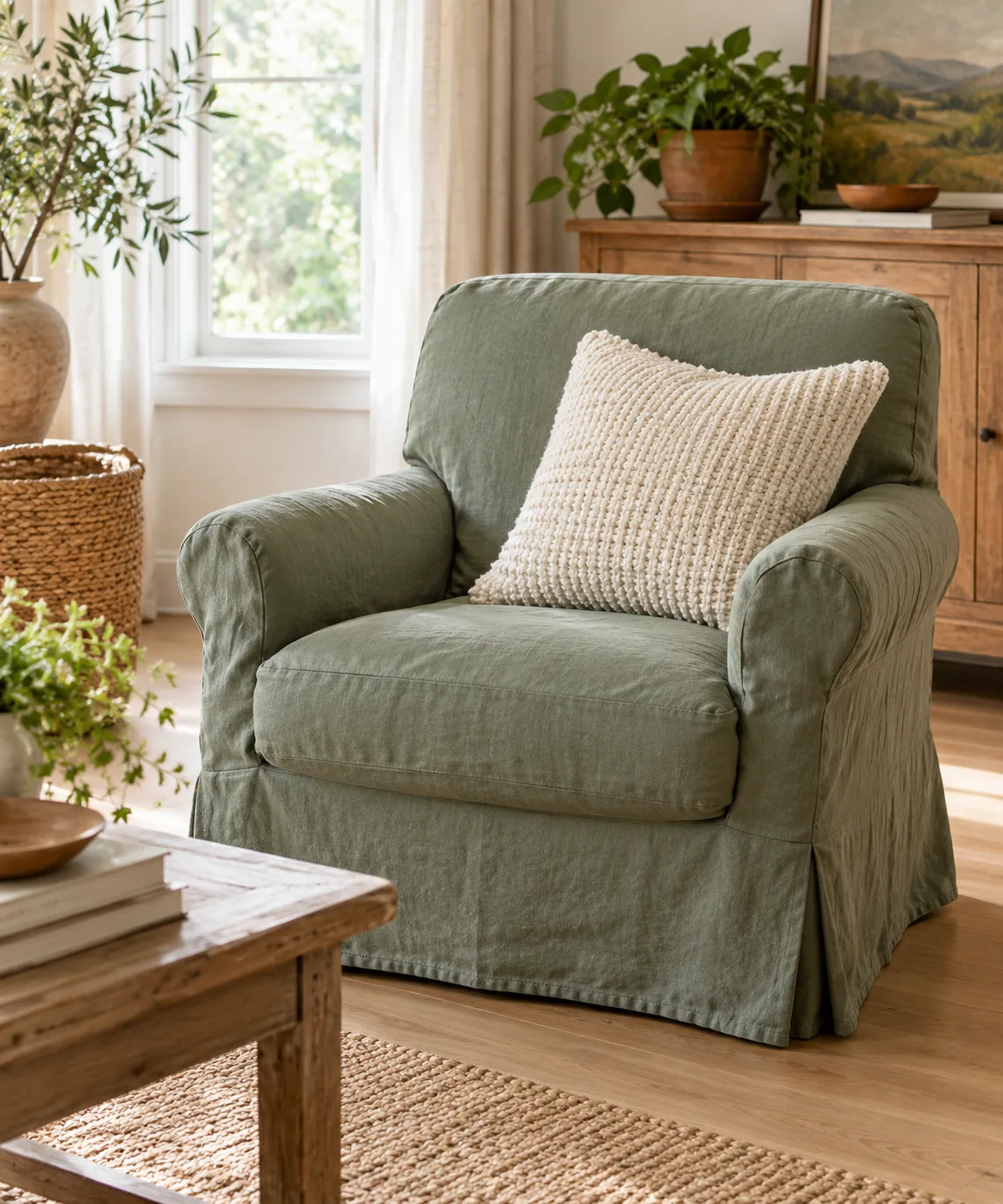AI-generated editorial image inspired by sage and cream interiors