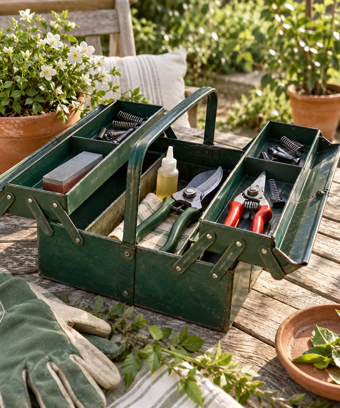 AI-generated editorial image inspired by garden tool organization
