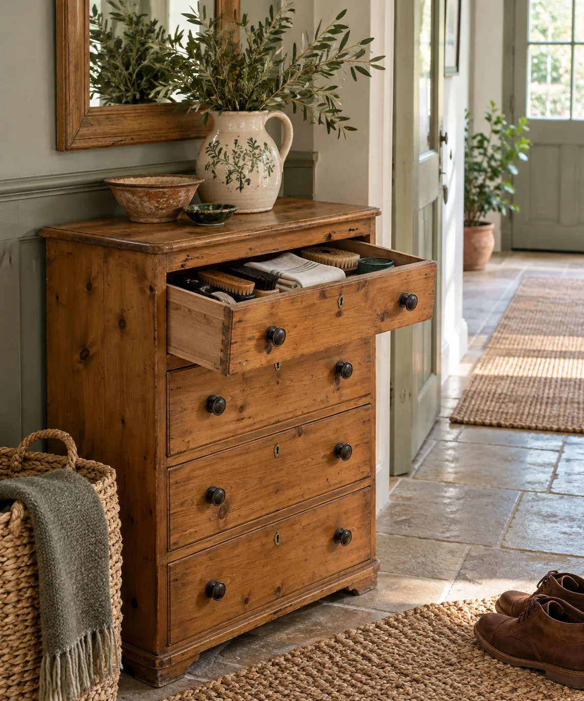 AI-generated editorial image inspired by entryway organization
