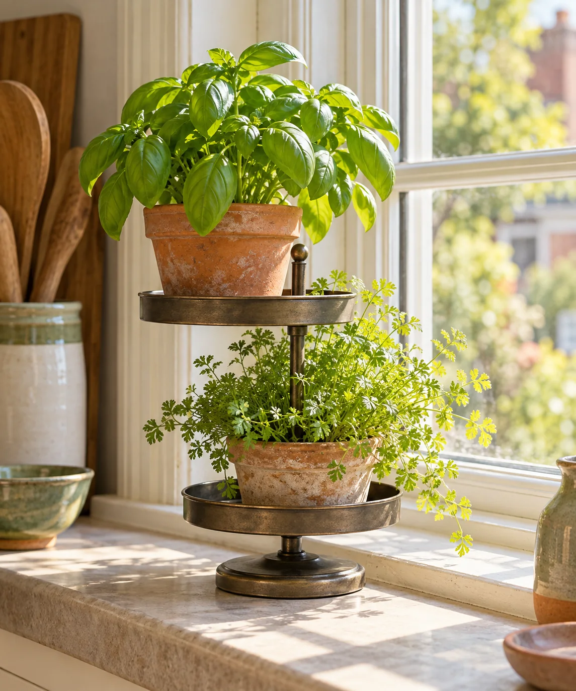 AI-generated editorial image inspired by kitchen herb gardens