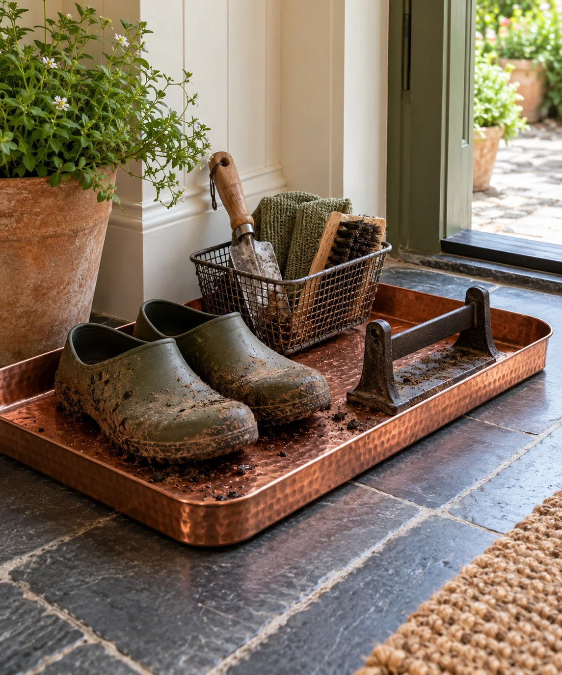 AI-generated editorial image inspired by garden tool organization