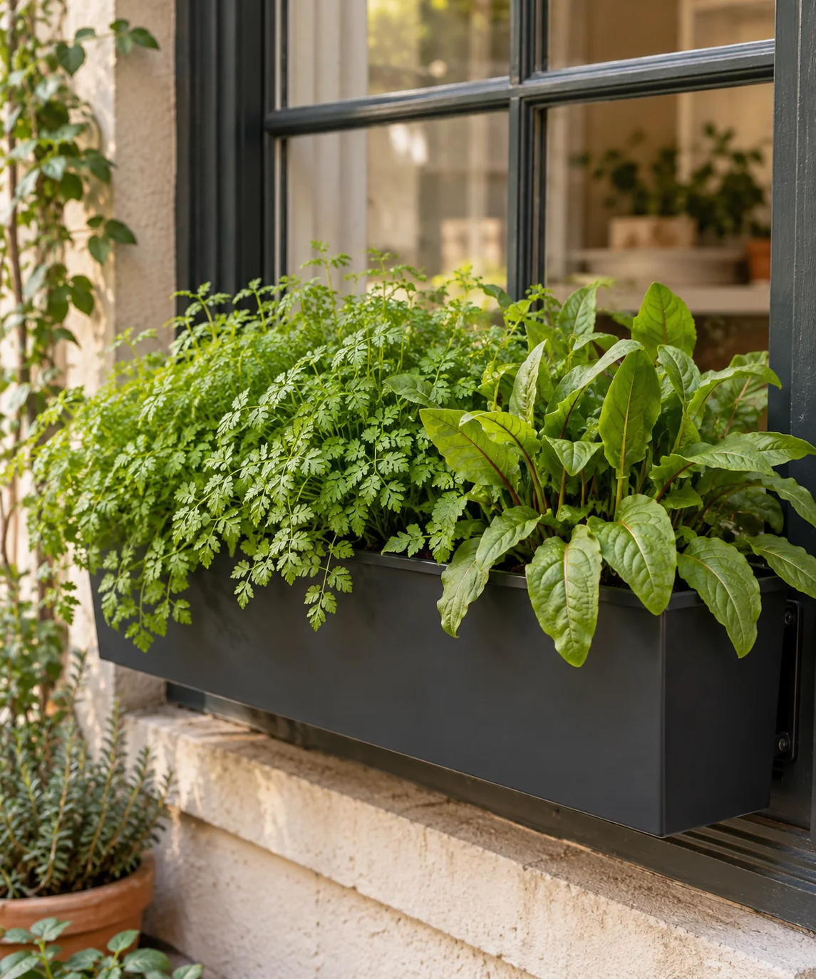 AI-generated editorial image inspired by container vegetable gardens