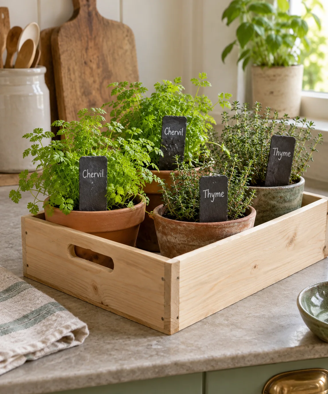 AI-generated editorial image inspired by kitchen herb gardens