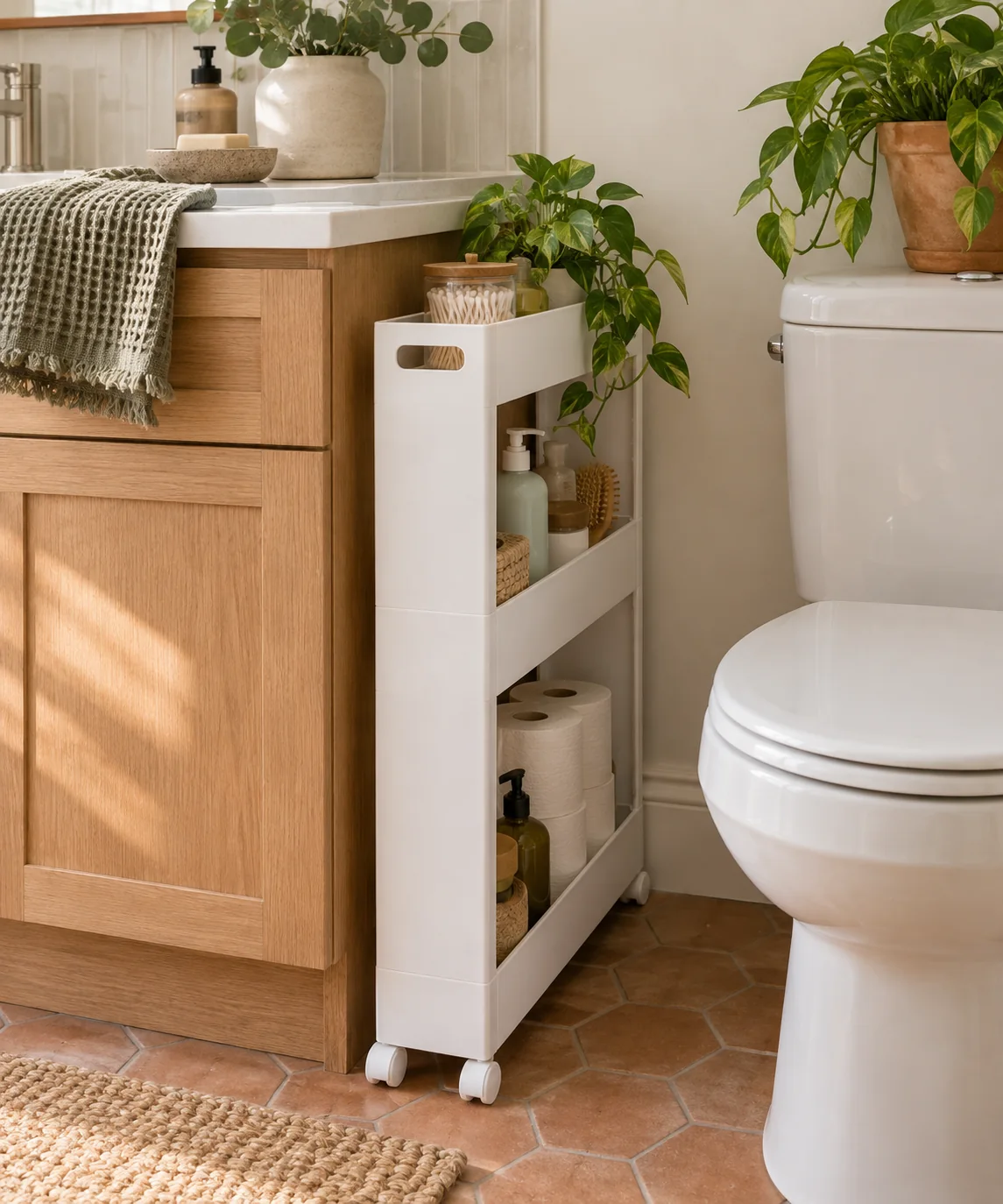 AI-generated editorial image inspired by small bathroom storage
