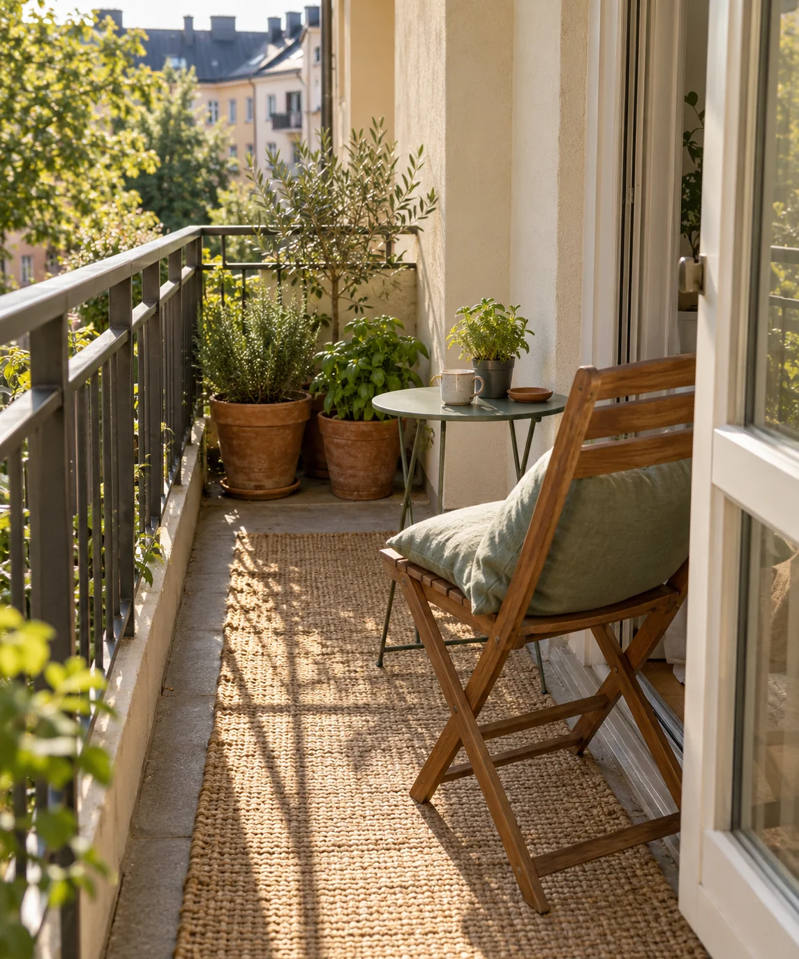 AI-generated view of a quiet balcony corner with a chair and plants