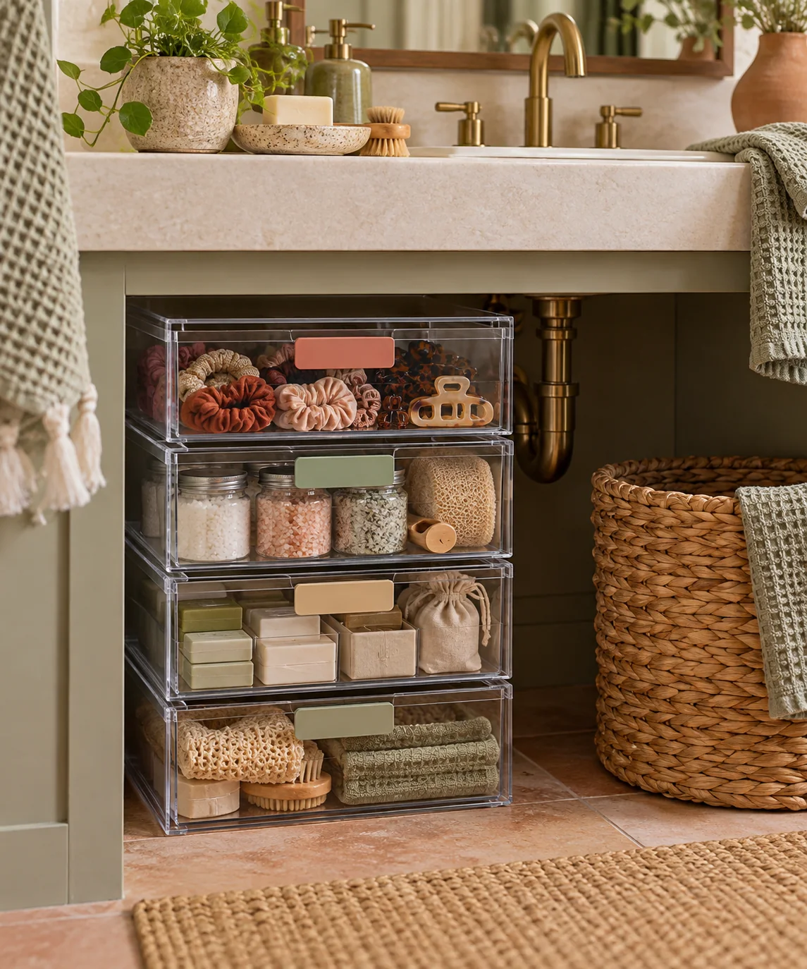 AI-generated editorial image inspired by small bathroom storage