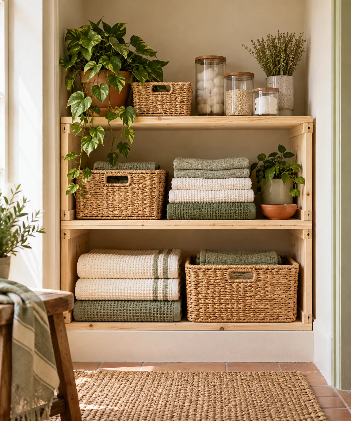 AI-generated editorial image inspired by small bathroom storage
