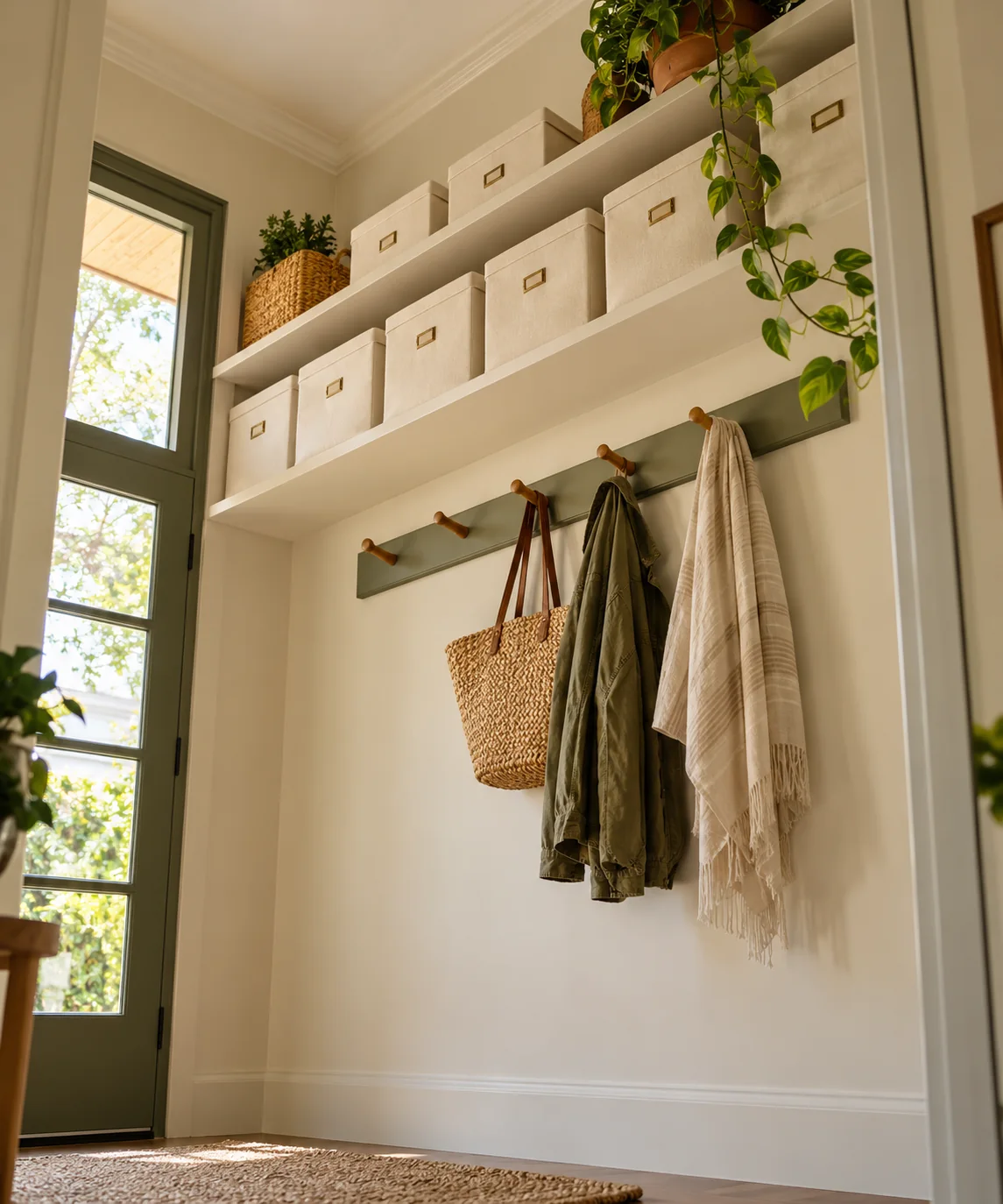 AI-generated editorial image inspired by entryway organization