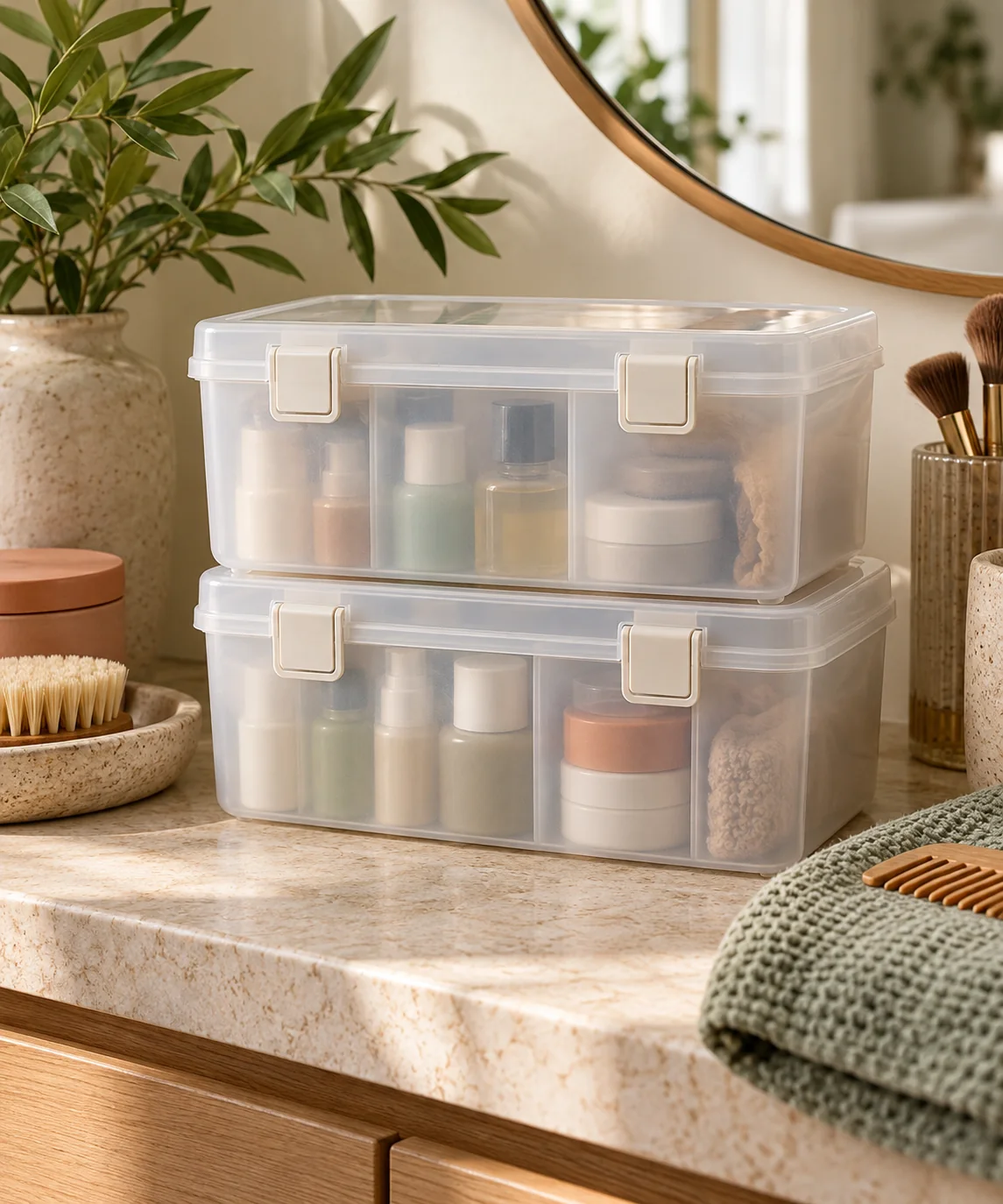 AI-generated editorial image inspired by small bathroom storage