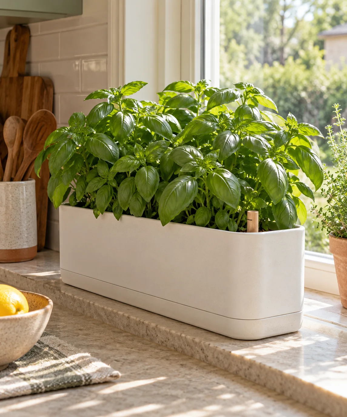 AI-generated editorial image inspired by kitchen herb gardens