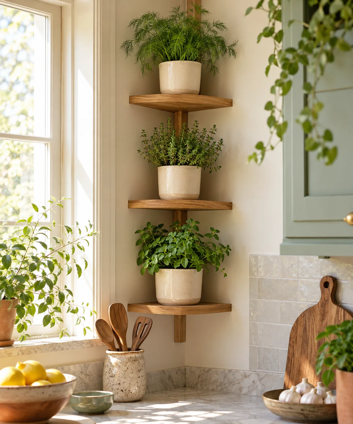 AI-generated editorial image inspired by kitchen herb gardens