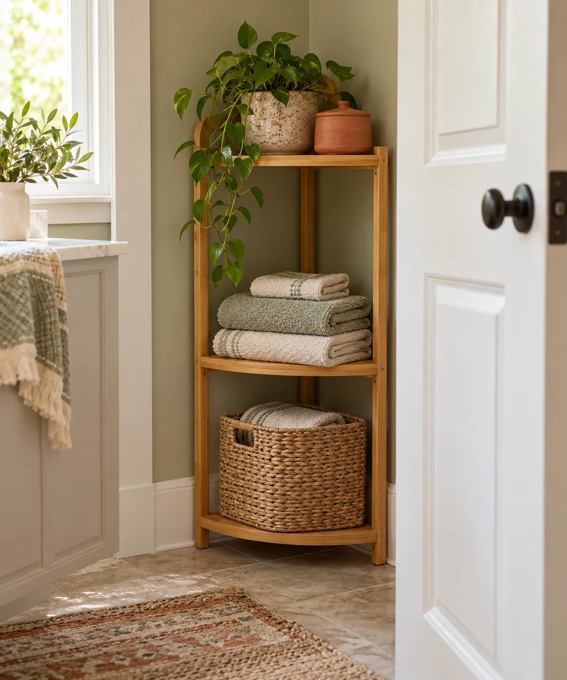 AI-generated editorial image inspired by small bathroom storage