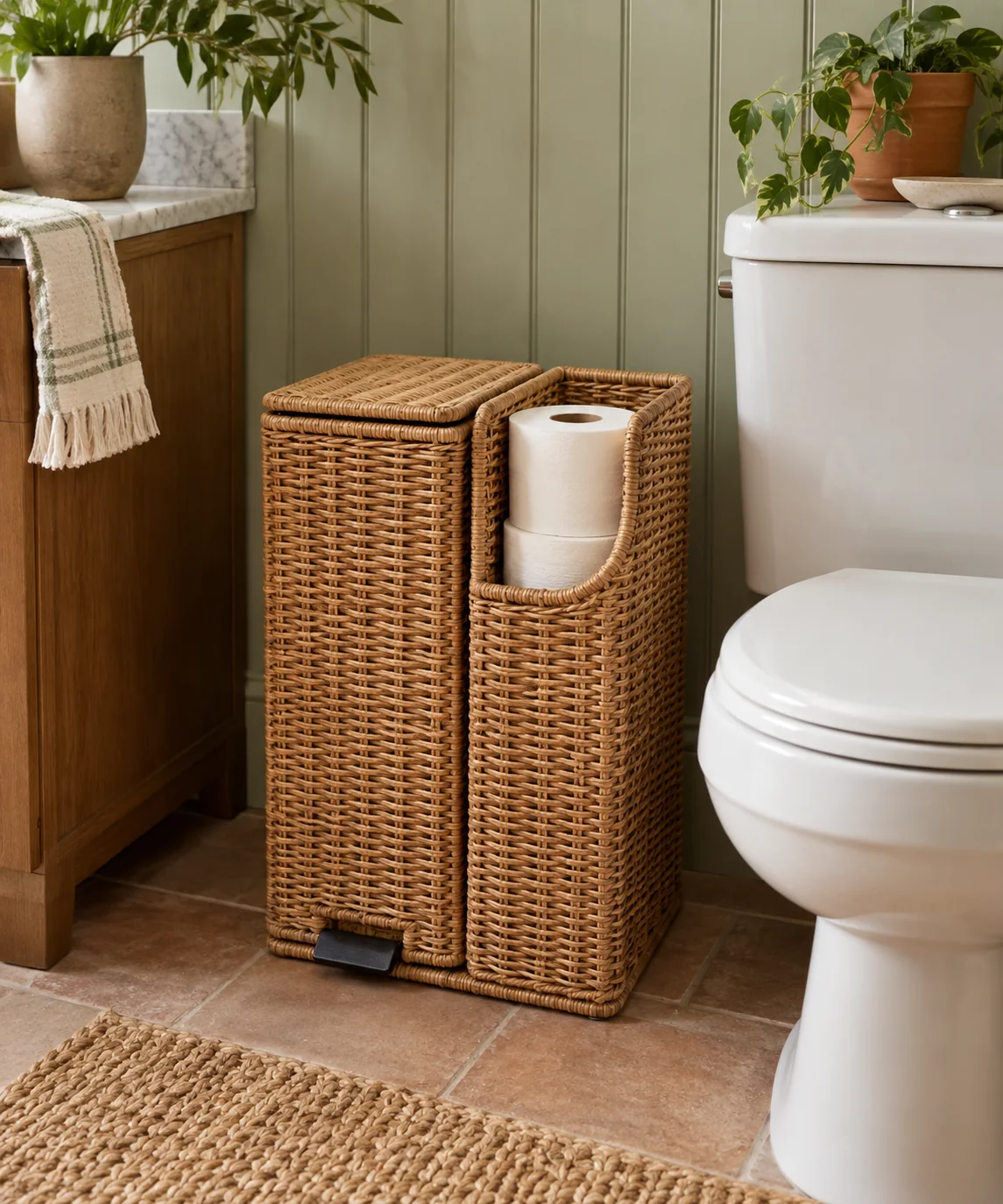 AI-generated editorial image inspired by small bathroom storage