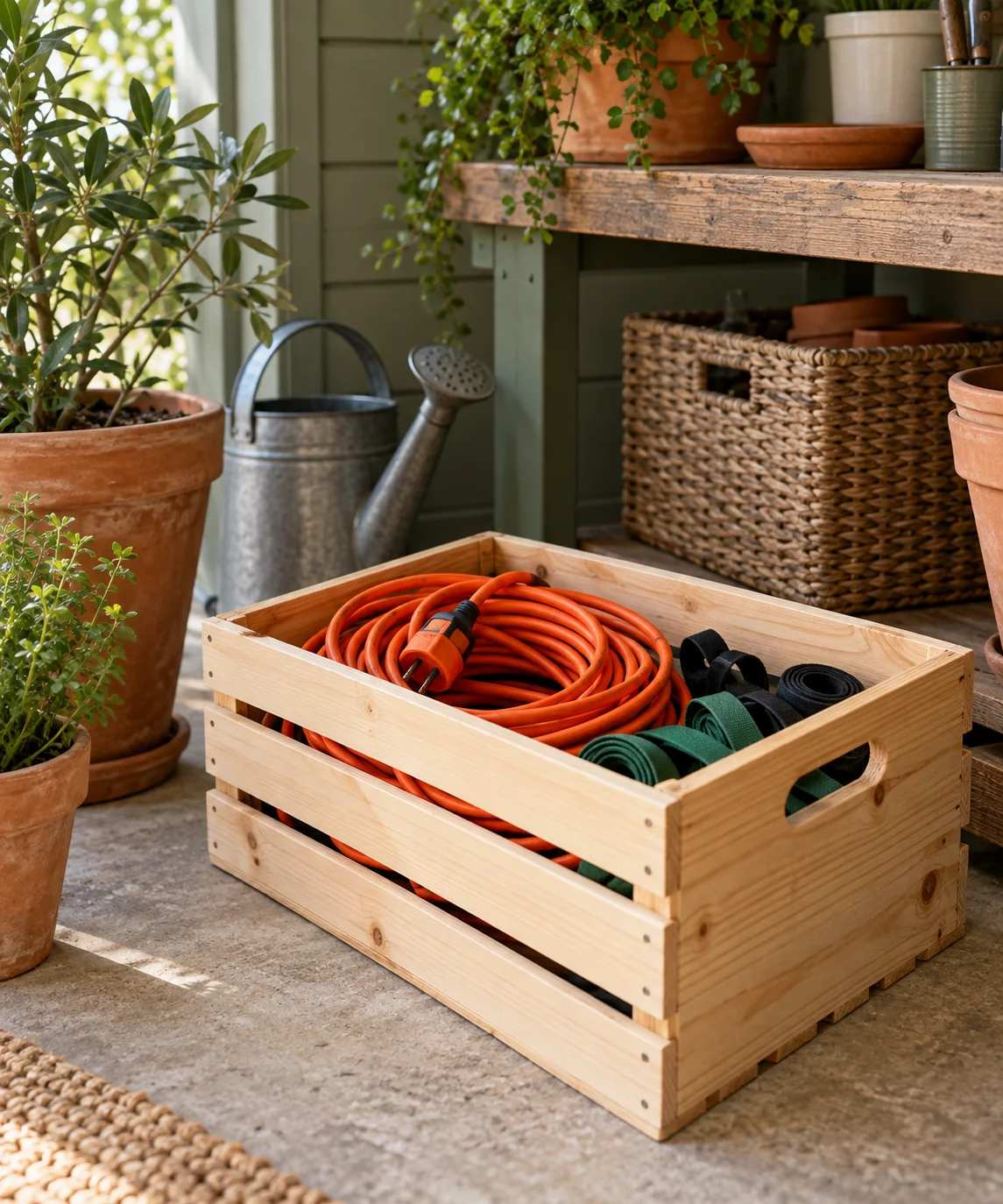 AI-generated editorial image inspired by garden tool organization