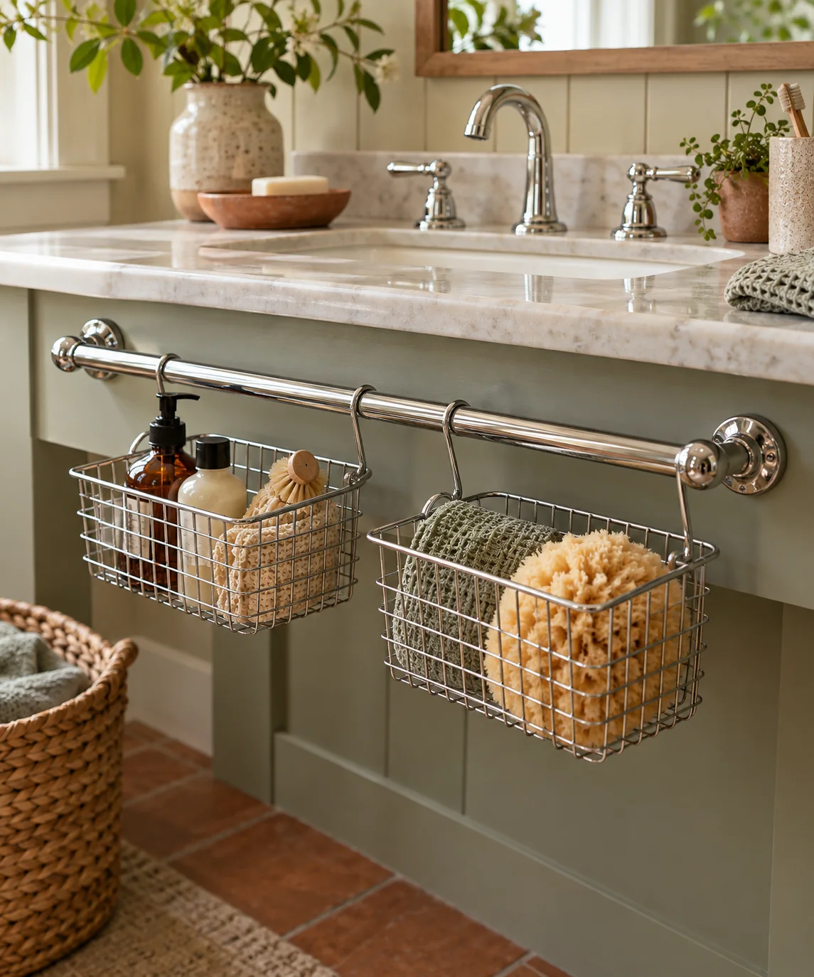AI-generated editorial image inspired by small bathroom storage