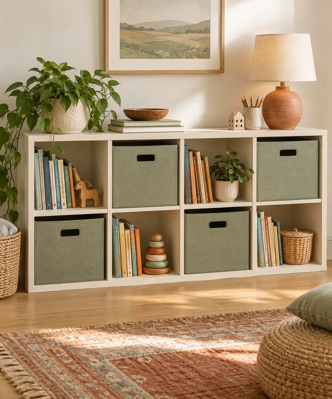 AI-generated editorial image inspired by sage and cream interiors