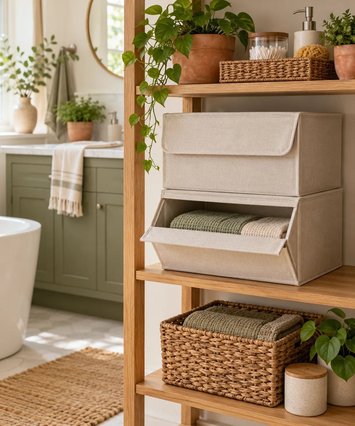 AI-generated editorial image inspired by small bathroom storage