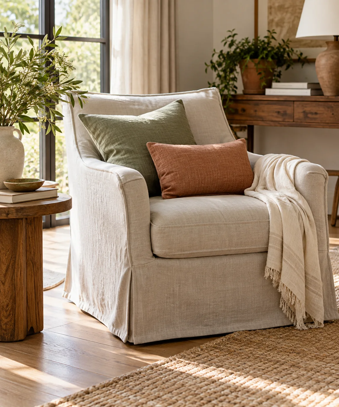 AI-generated editorial image inspired by warm neutral living rooms